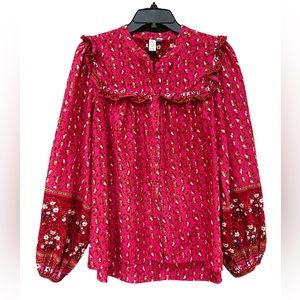 Joie Peasant Balloon Sleeve Top Long Sleeve Cottagecore Floral Shirt Pink Large